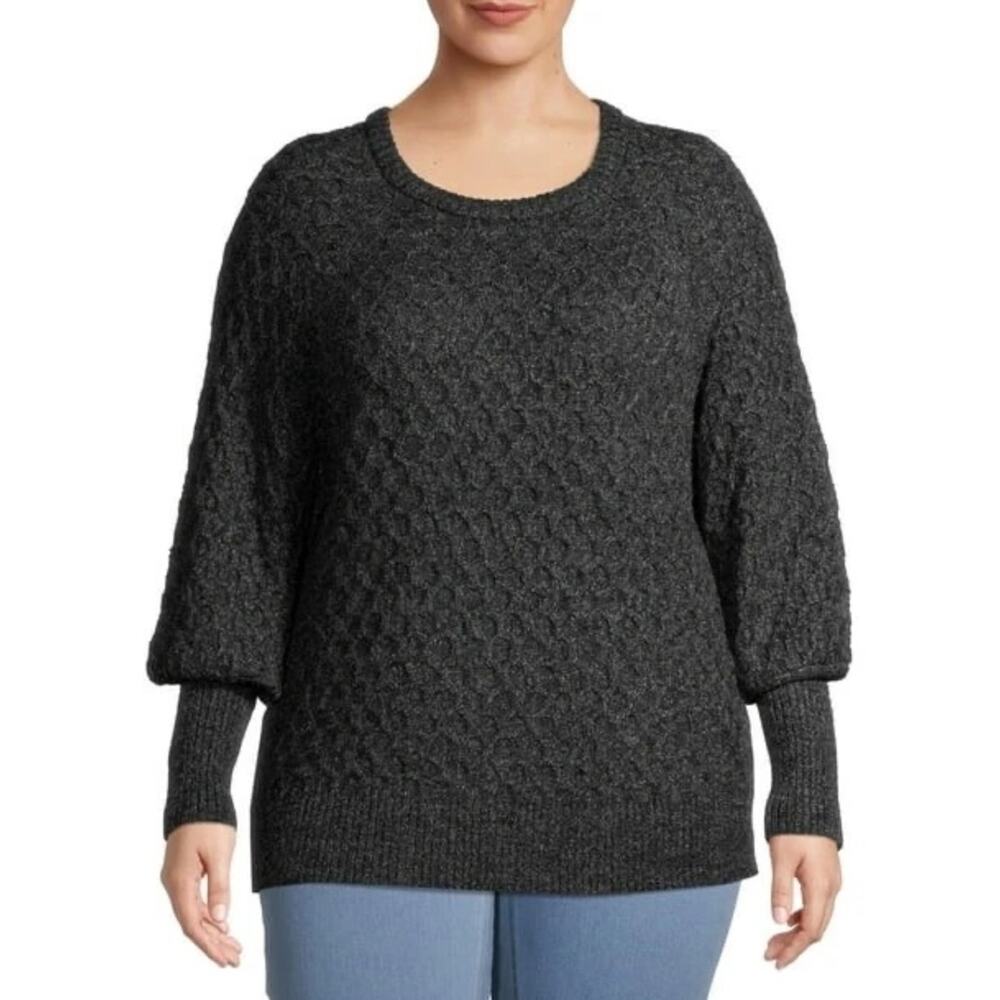 Terra & Sky Honeycomb Knit Pullover Sweater Size 0X Ballon Sleeve Casual Neutral